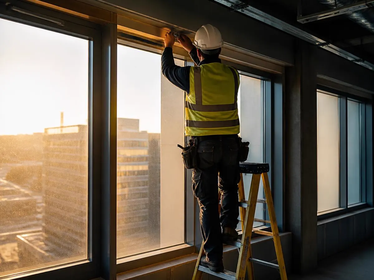 Installer mounting a commercial blind headrail on a jobsite