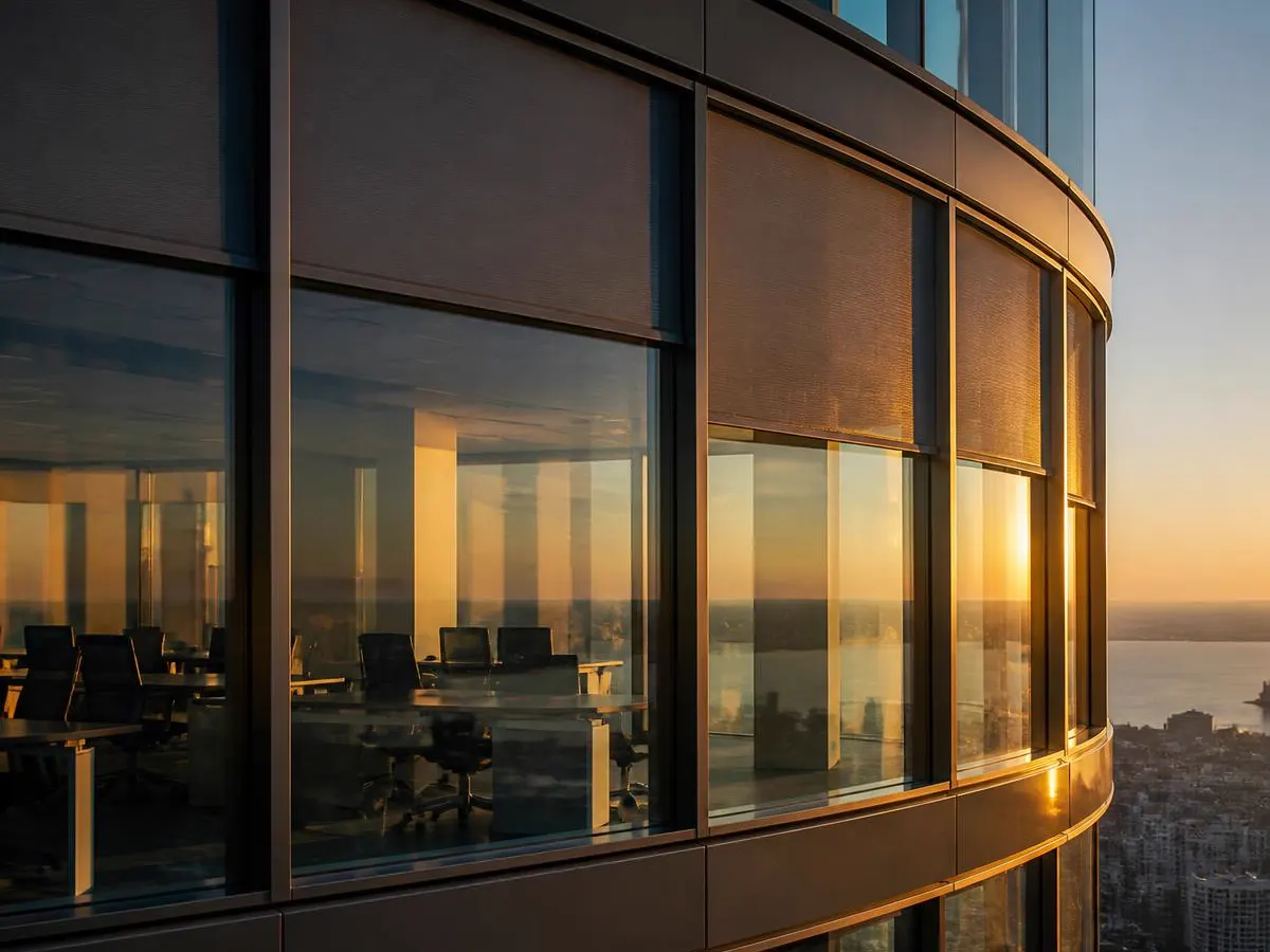 Roller solar shades in a glass commercial office