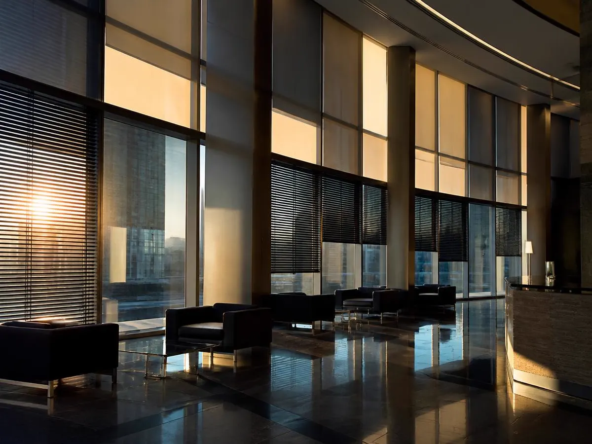 Commercial window coverings in a large building lobby