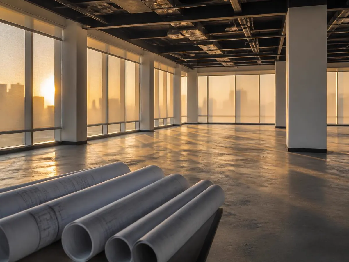 New construction office floor with freshly installed window shades